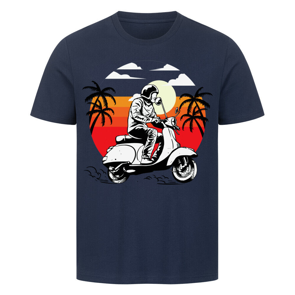 Premium T-Shirt featuring a sunset background with a scooter rider, high-quality cotton, made in Turkey.