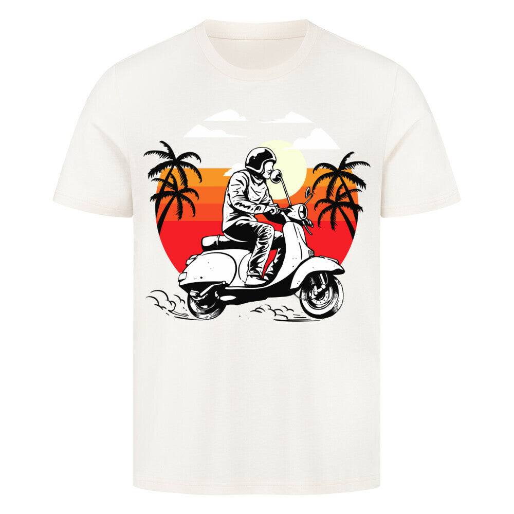 Premium T-Shirt with sunset scooter rider design, 100% cotton.