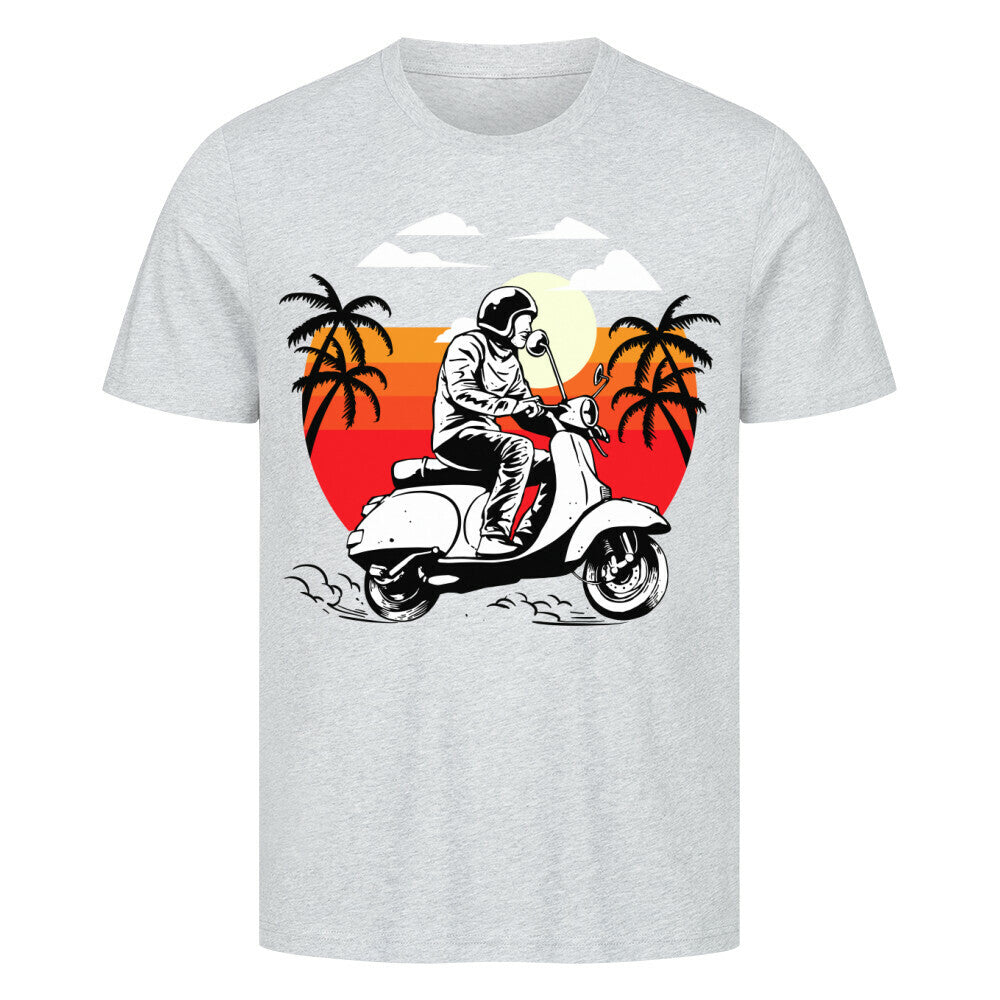 Premium T-Shirt featuring a sunset scooter rider design with palm trees, made of 100% cotton.