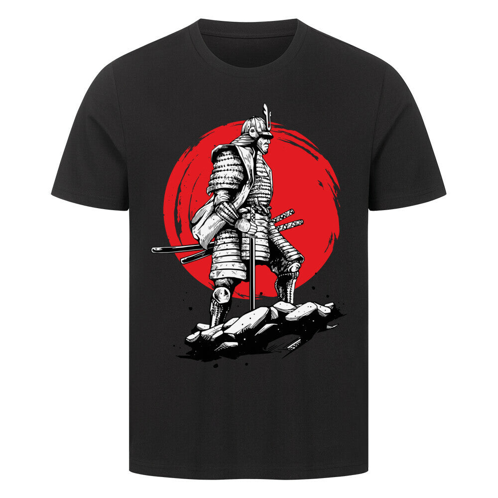 Premium black T-shirt with samurai old school design, red sun background.