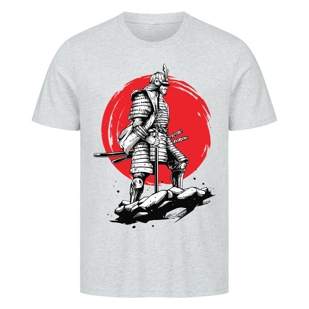 Premium T-Shirt featuring an old-school samurai design against a red circle backdrop.