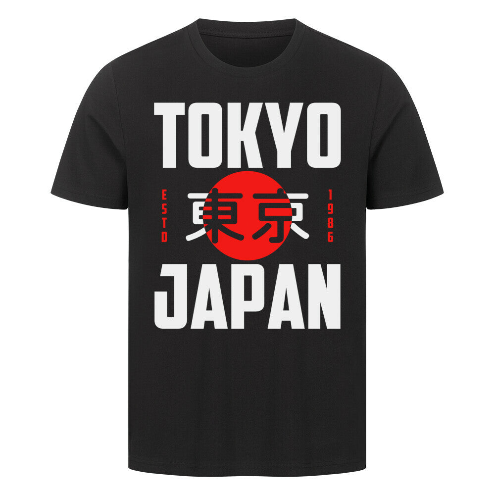 Premium T-shirt featuring "Tokyo Japan Est. 1986" design, black with bold white and red text.