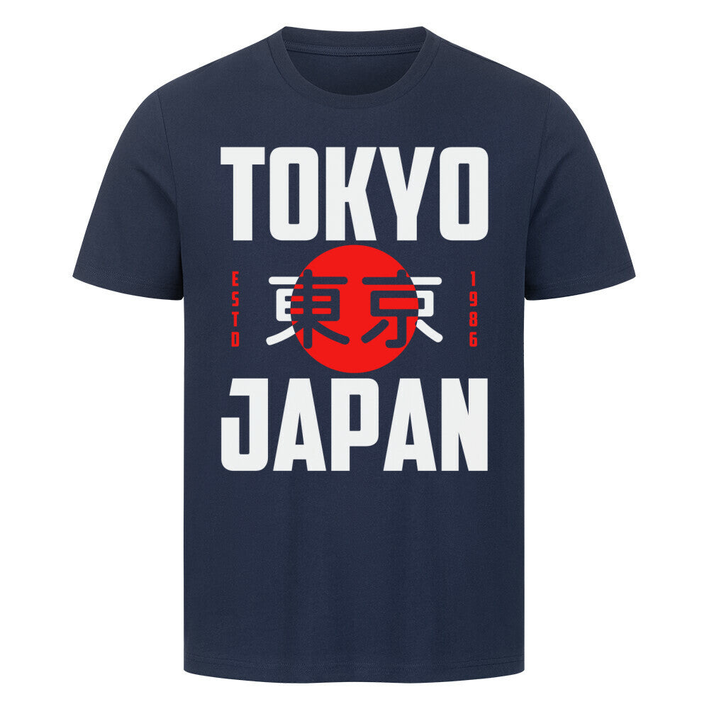 Premium T-Shirt with Tokyo Japan Est. 1986 design, 100% cotton, navy blue.