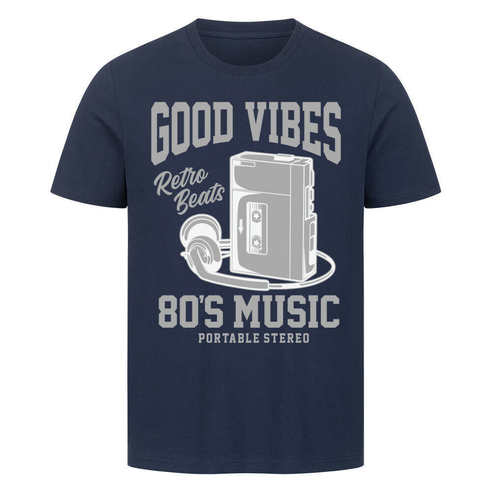 Premium T-Shirt with Walkman design, featuring "Good Vibes" and "Retro Beats" text, 100% cotton.