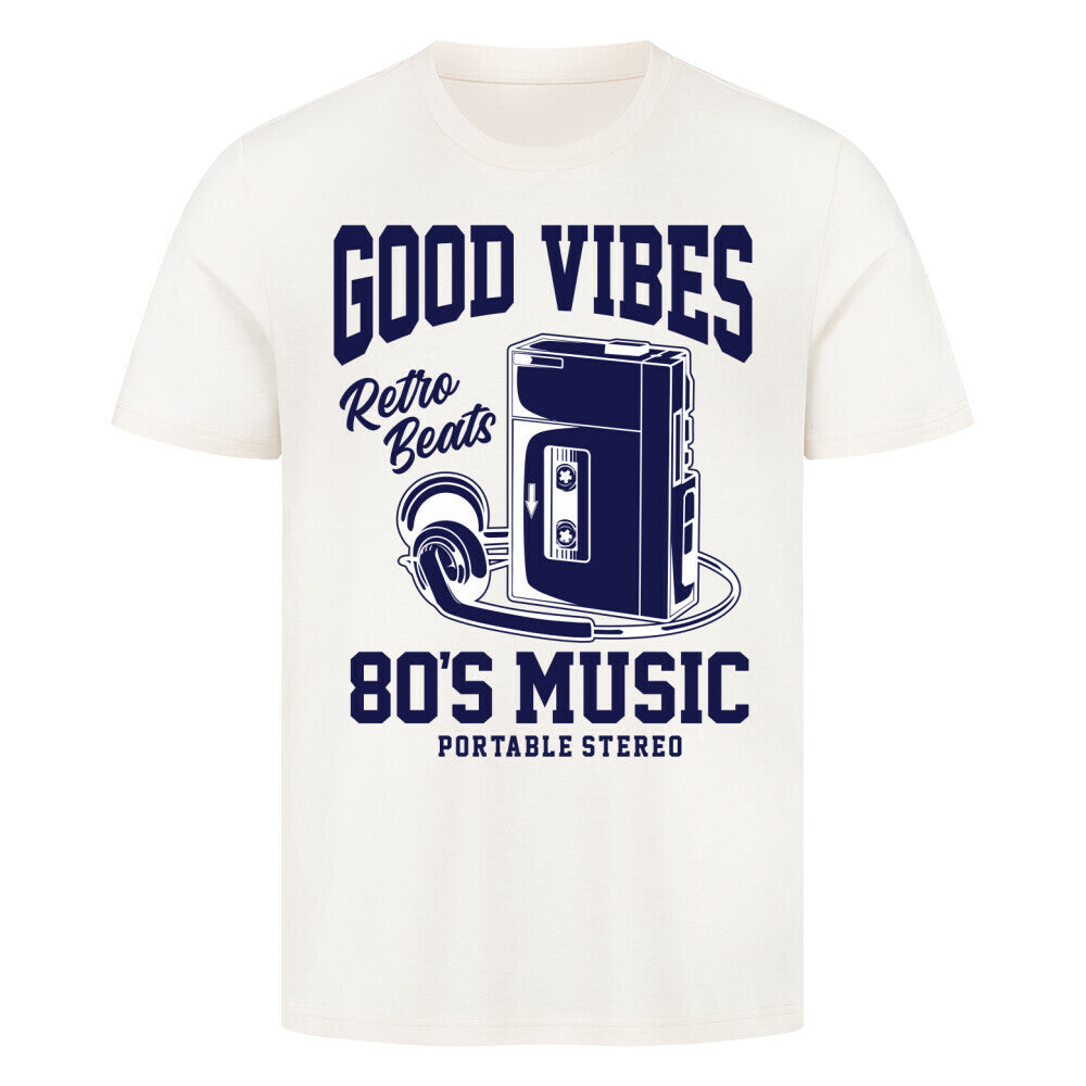 Premium T-shirt with Walkman design, featuring "Good Vibes" and "Retro Beats" text, 80s music theme.