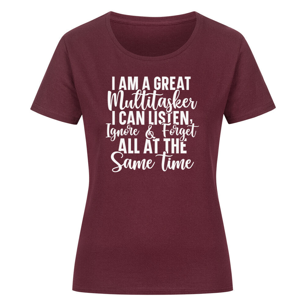 Classic organic women's shirt with multitasking quote in burgundy color.