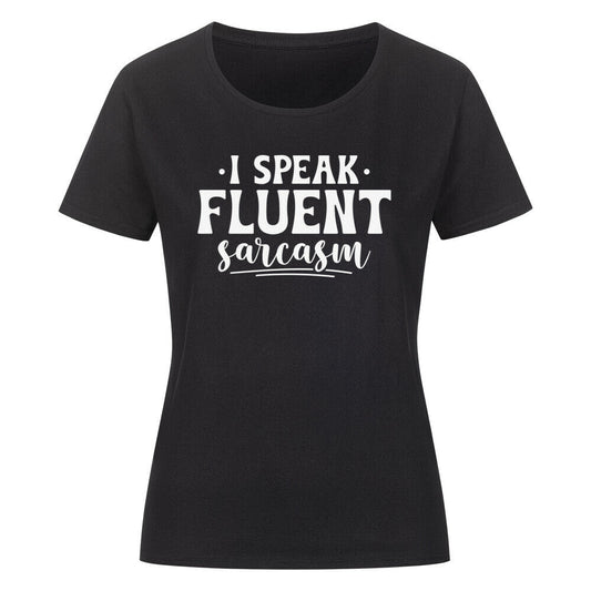 Classic organic women's shirt with "I Speak Fluent Sarcasm" print, black.