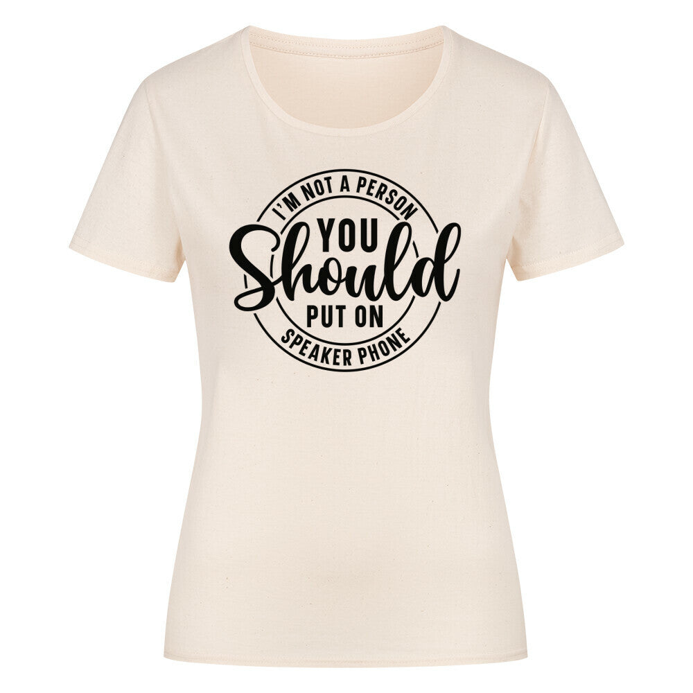 Classic organic women's shirt with playful quote, round neck, cotton rib collar.