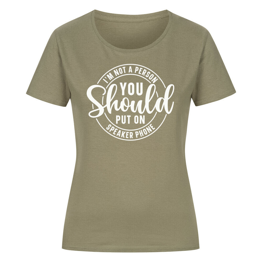 Classic organic women's shirt with speaker phone message in green.