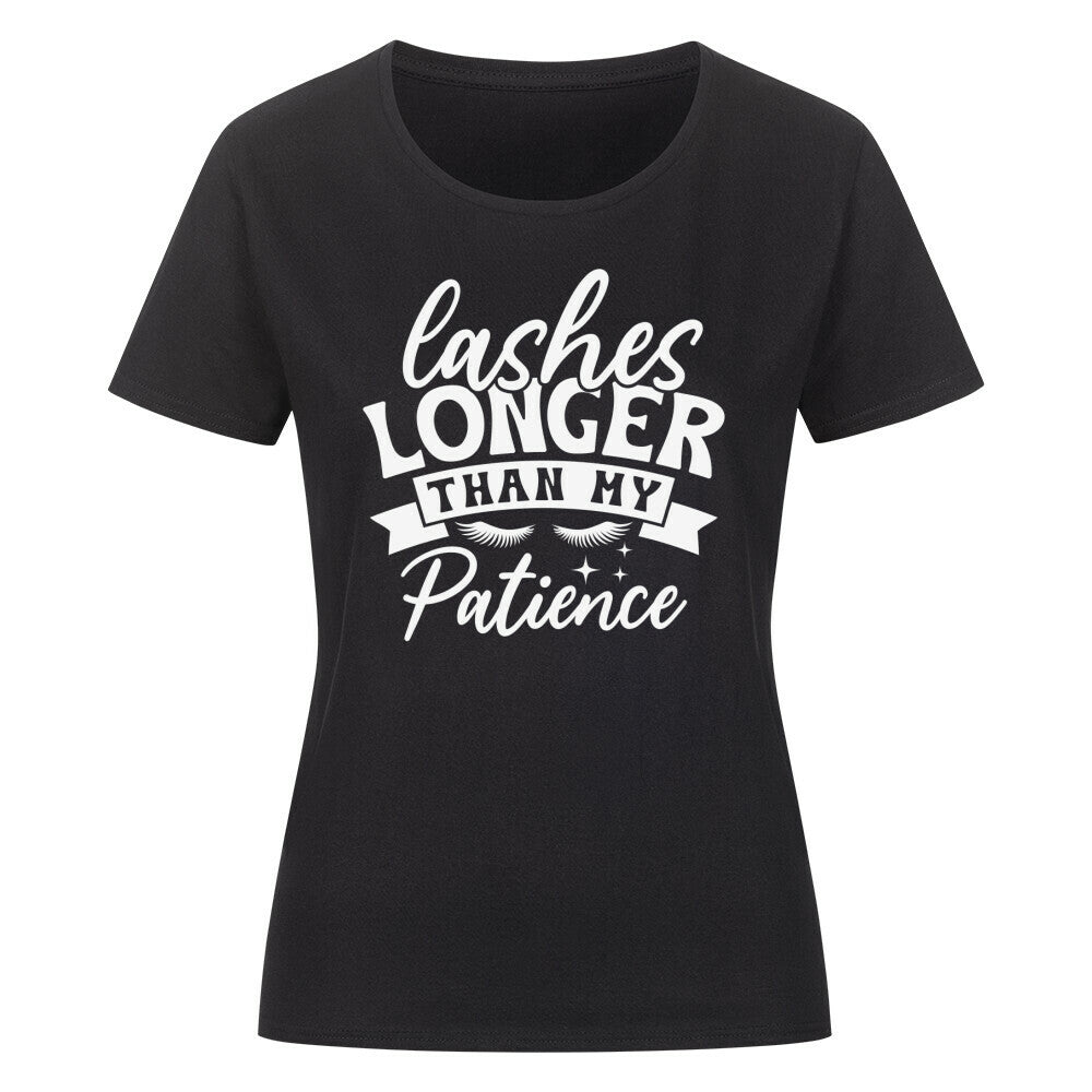 Black classic organic women's shirt with "Lashes Longer Than My Patience" design.