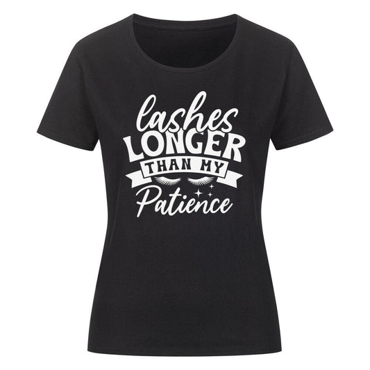Black classic organic women's shirt with "Lashes Longer Than My Patience" design.