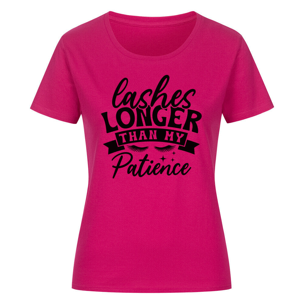 Classic organic women's shirt in pink with "Lashes Longer Than My Patience" print.