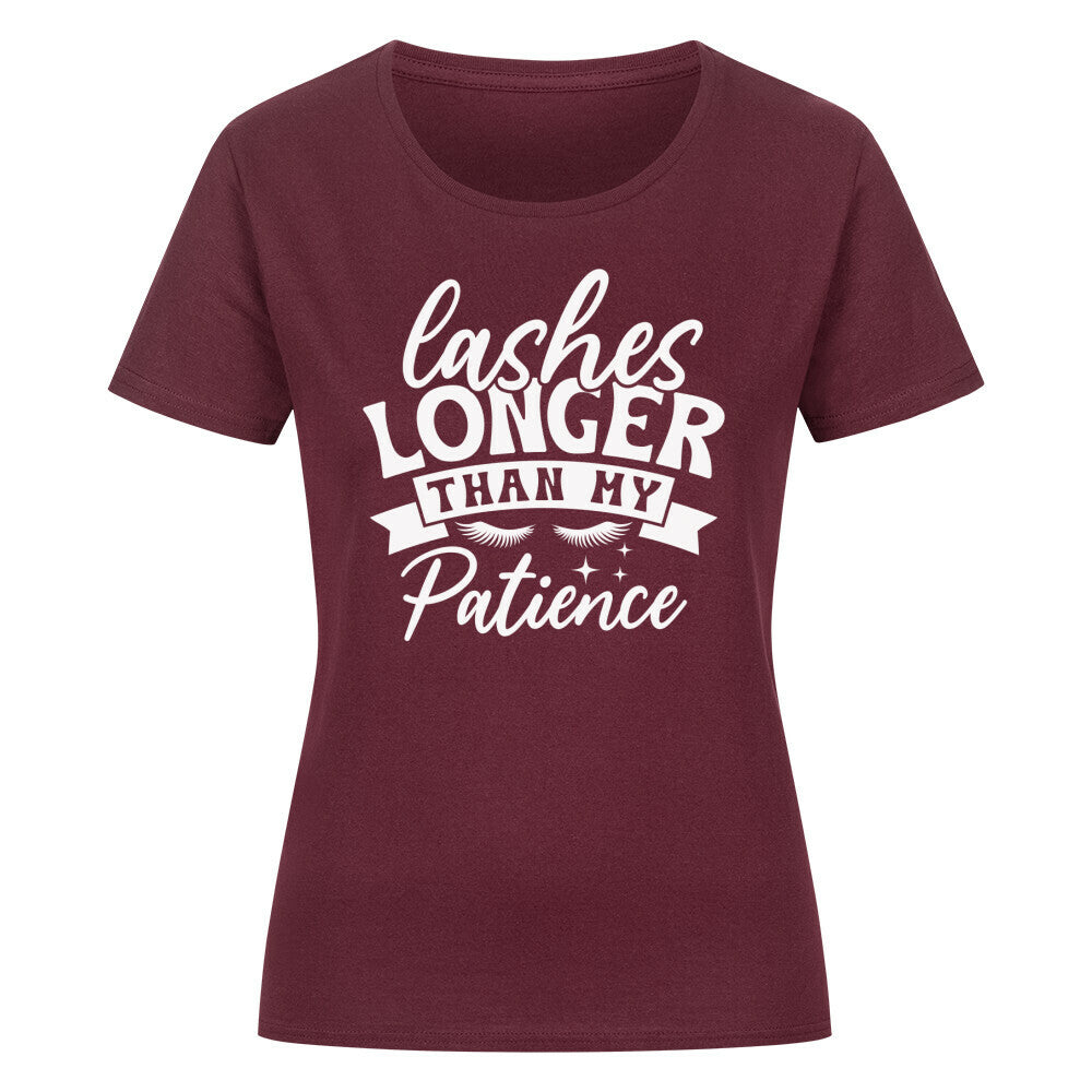 Classic organic shirt for women with "Lashes longer than my patience" design, round neck, red color.