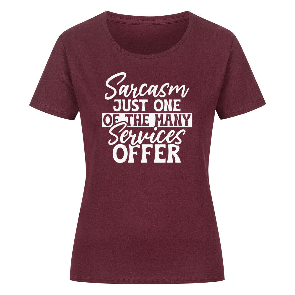 Classic organic women's shirt with sarcasm slogan, round neck, burgundy color.