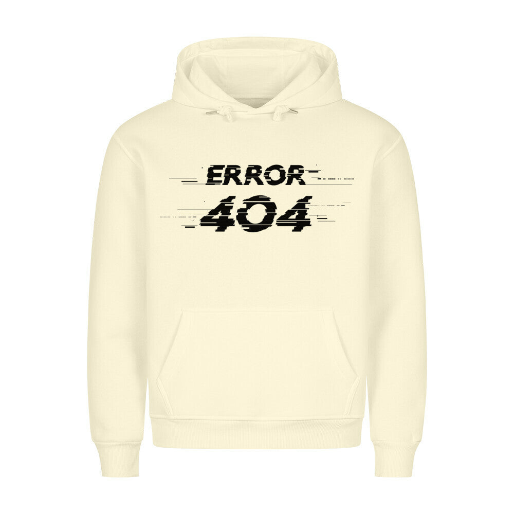 HigherBlanks Premium Hoodie with Error 404 design, cozy cut, front pocket, and metal-tipped hood cords.