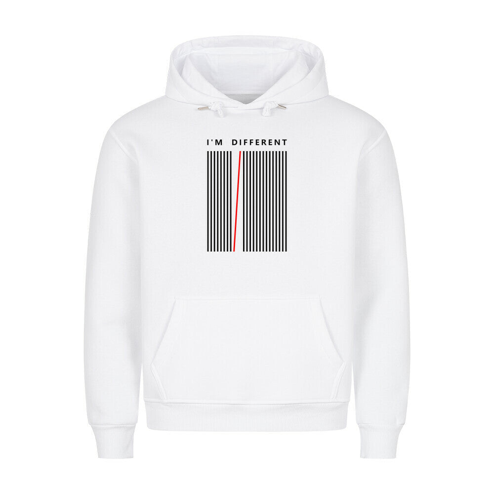 HigherBlanks Premium Hoodie with "I’m Different" design, cozy fit, white color.