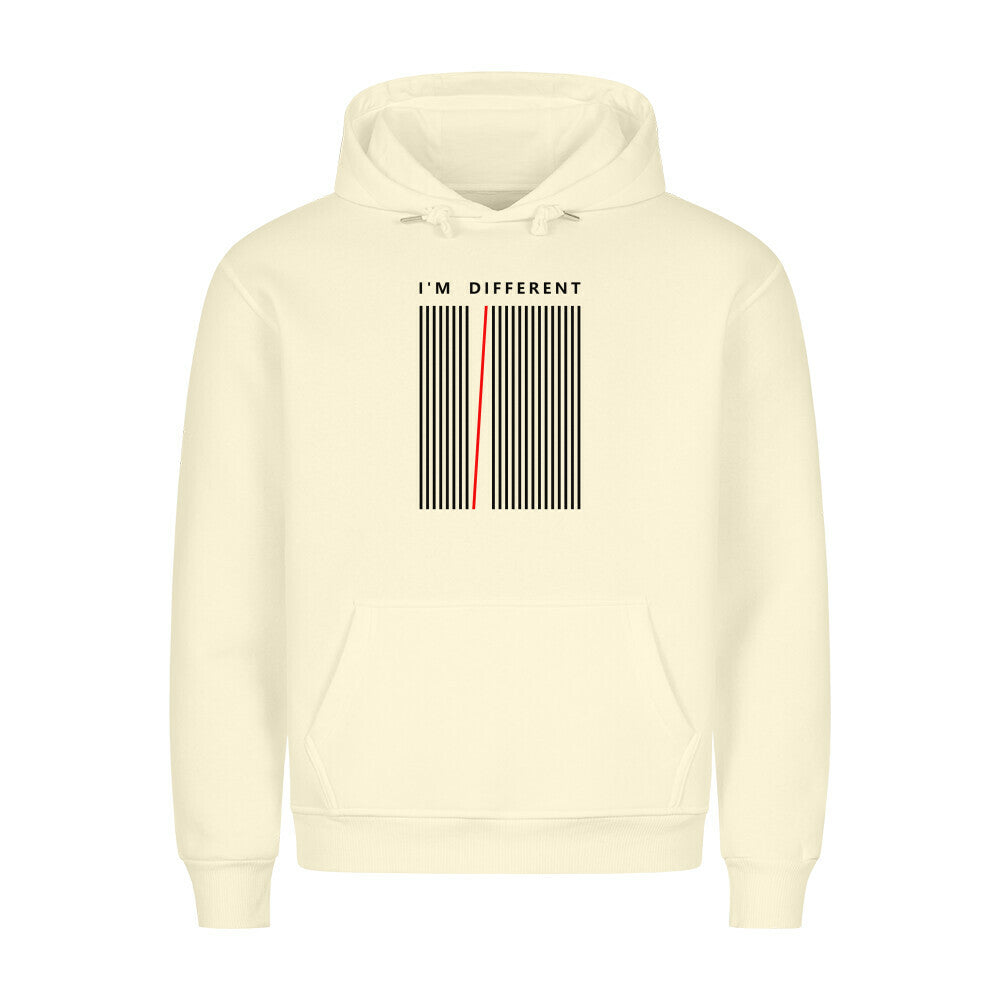 HigherBlanks Premium Hoodie I'm Different with barcode design, front view.