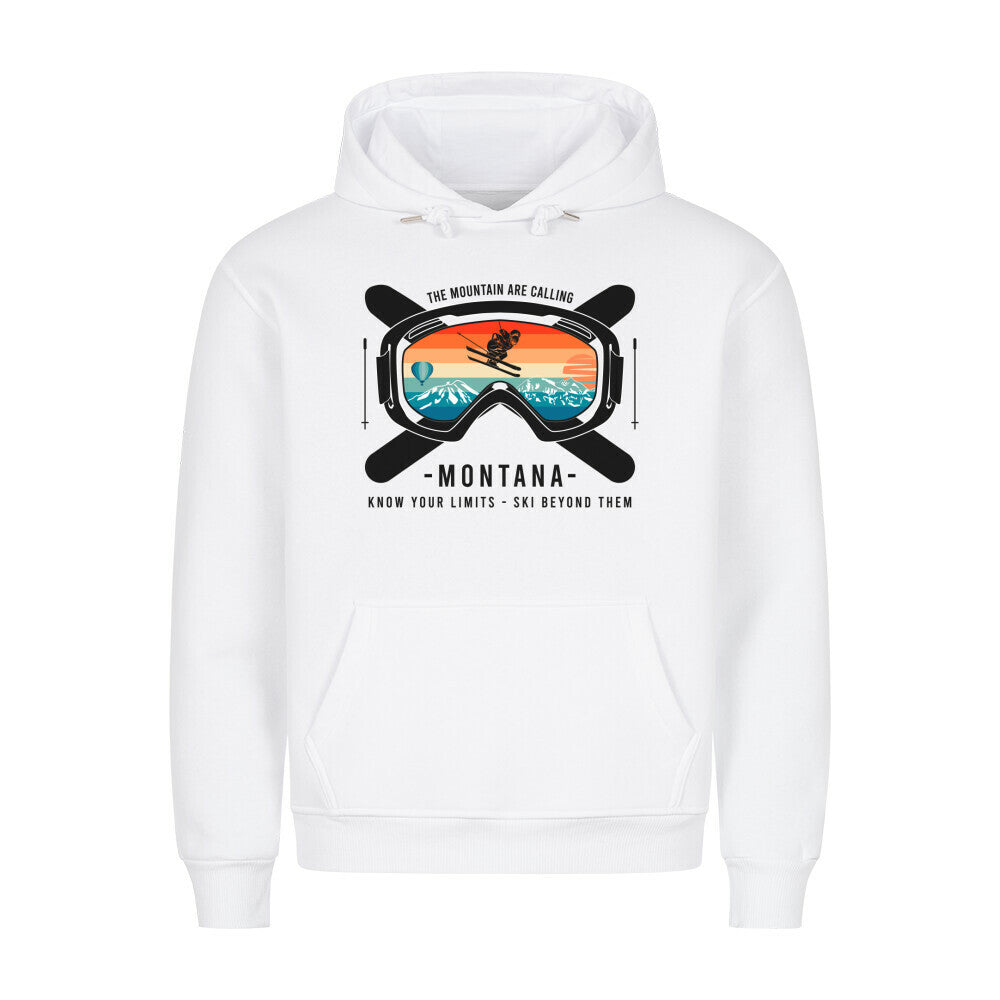 HigherBlanks Premium Hoodie with mountain and ski design, cotton blend, cozy fit.