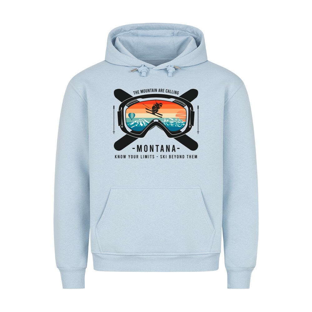 HigherBlanks Premium Hoodie with ski goggle design in light blue.