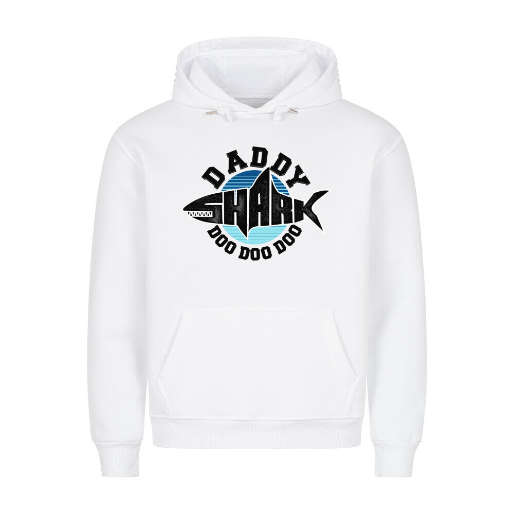 HigherBlanks Premium Hoodie Daddy Shark in white with kangaroo pocket and metal-tipped drawstrings.