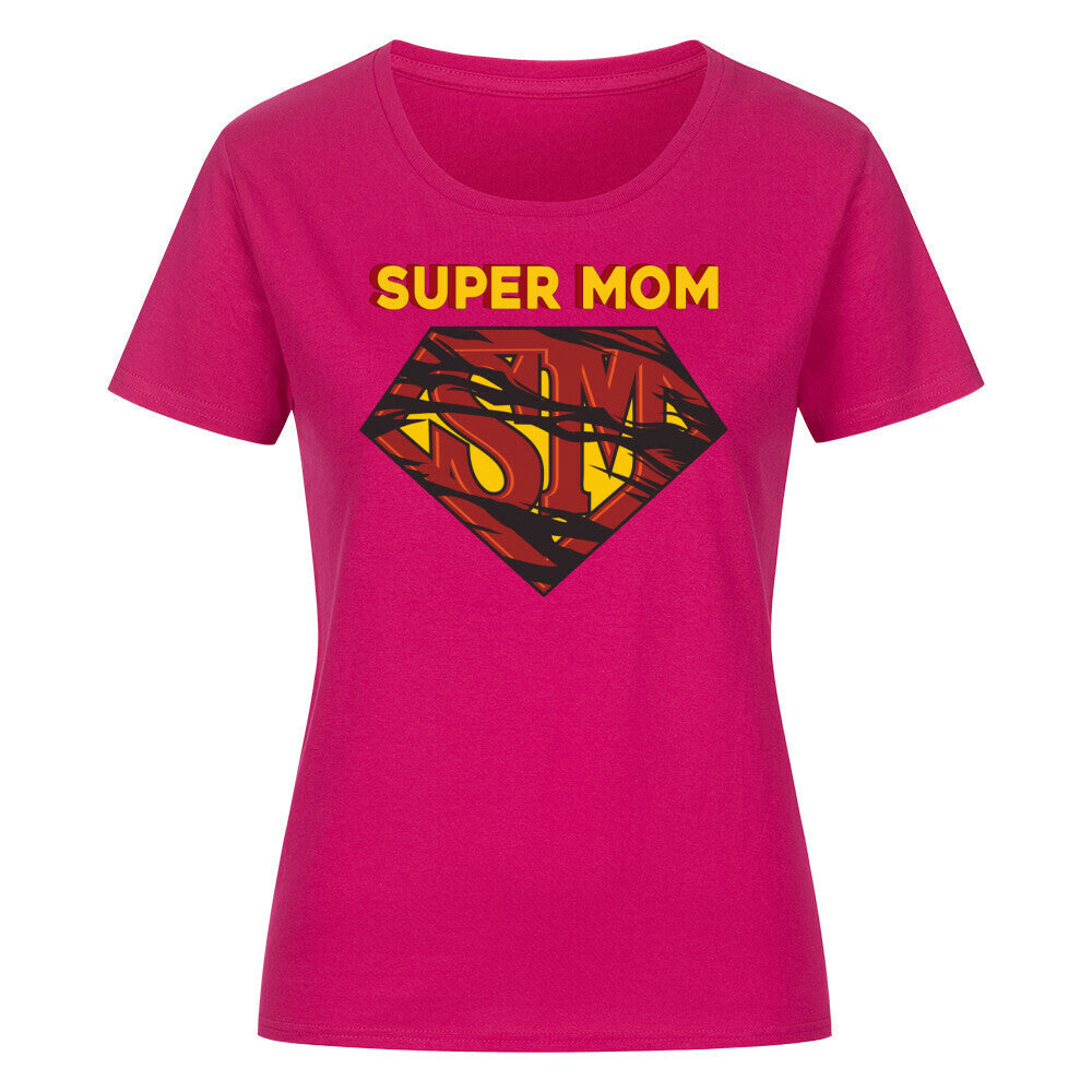 Women's classic organic shirt with "Super Mom" design, pink, 100% organic cotton.