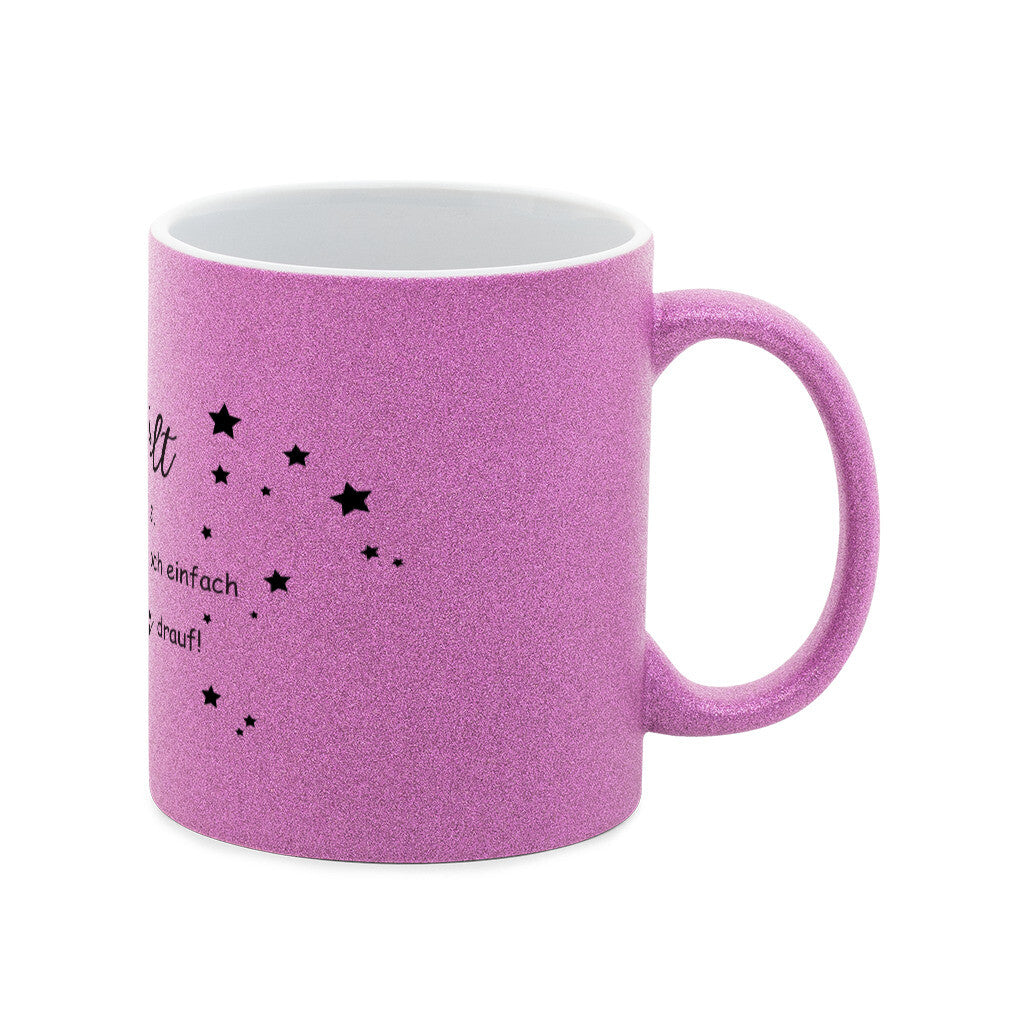 Die pinke Glitzertasse ermöglicht einen funkelnden Start in den Tag.
• 330 ml
• mit Glitzerpartikeln
• am besten für dunkle Grafiken geeignet
Handspülung empfohlenGlitzer-Tasse Glitzer drauf!