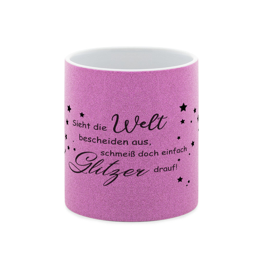 Die pinke Glitzertasse ermöglicht einen funkelnden Start in den Tag.
• 330 ml
• mit Glitzerpartikeln
• am besten für dunkle Grafiken geeignet
Handspülung empfohlenGlitzer-Tasse Glitzer drauf!