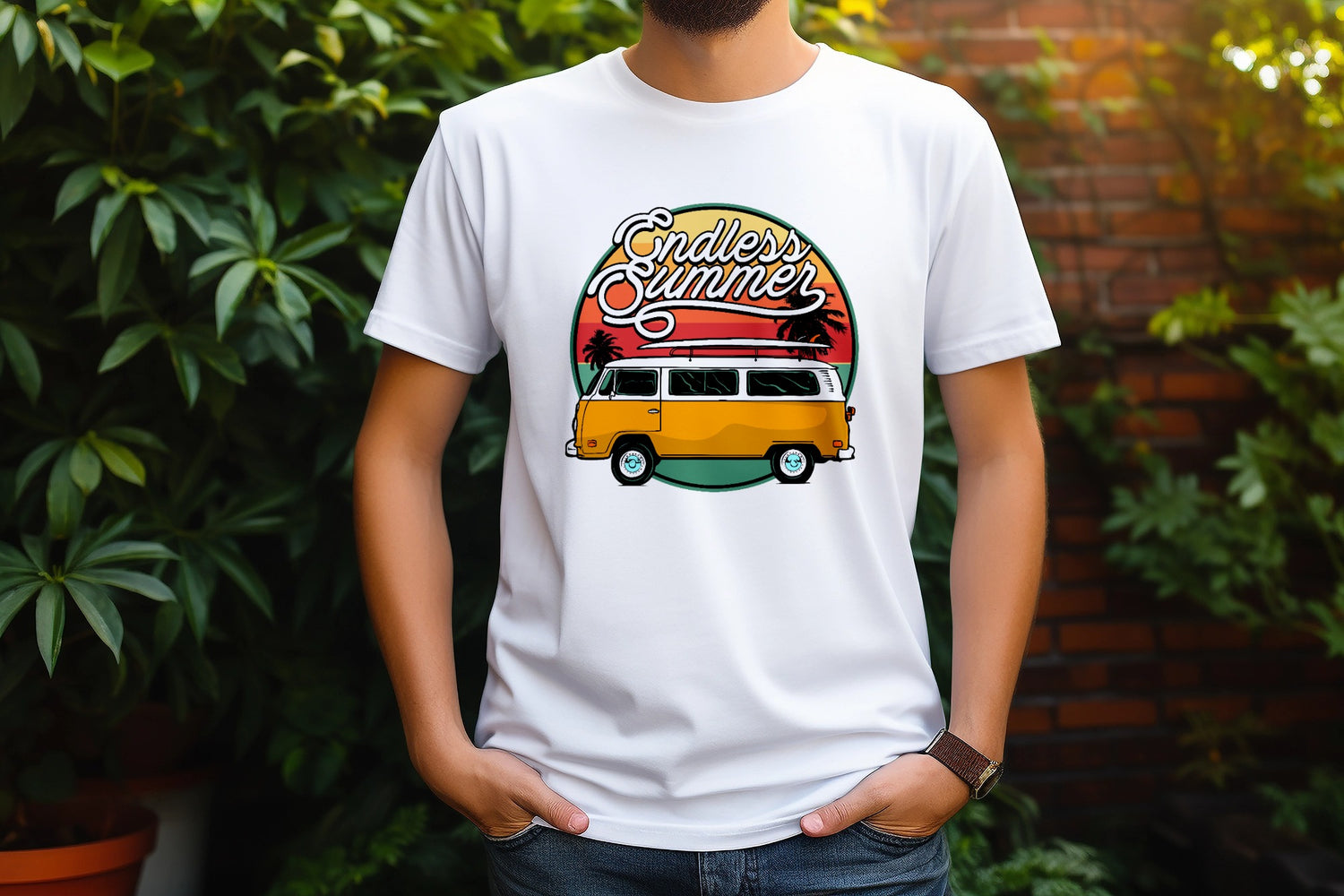 Eine Person trägt ein weißes T-Shirt mit dem Motiv „Endless Summer“ mit einem gelben Lieferwagen, Palmen und einem Sonnenuntergang. Die Person steht im Freien in der Nähe von grünem Laub und einer Backsteinmauer.