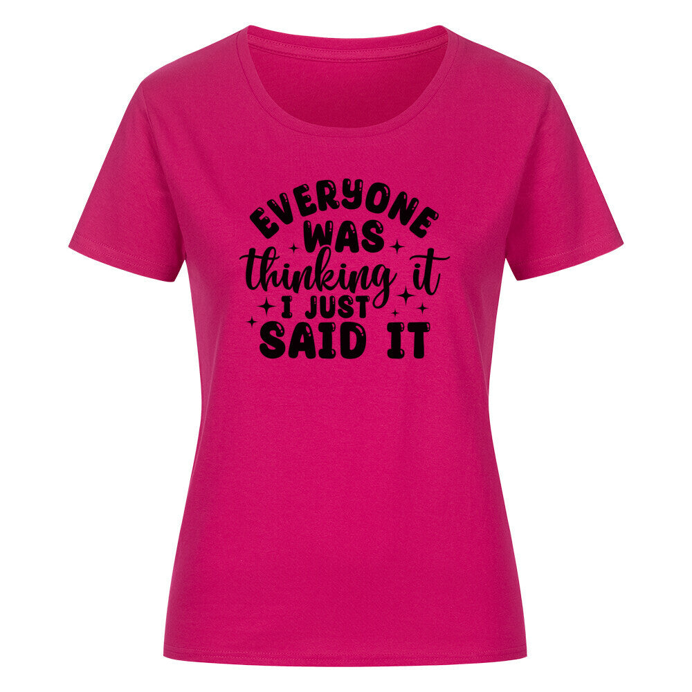 Classic organic women's shirt with bold text print, short sleeves.