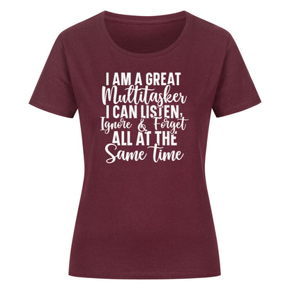 Classic organic women's shirt with multitasking quote in burgundy color.