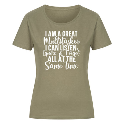 Classic organic women's shirt with "I am a great Multitasker" text, green color, 100% cotton.