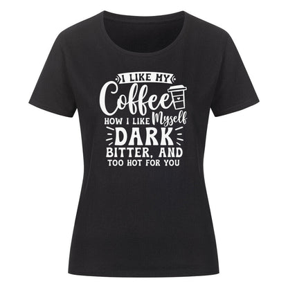Classic organic women's shirt with coffee-themed design and text.