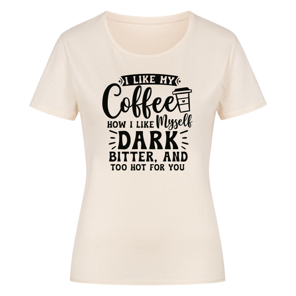 Classic organic shirt for women with coffee-themed text design.
