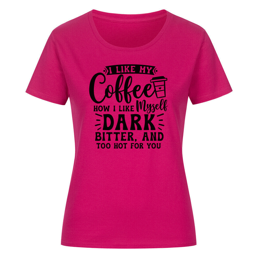Classic organic women's shirt with coffee-themed print, pink color.