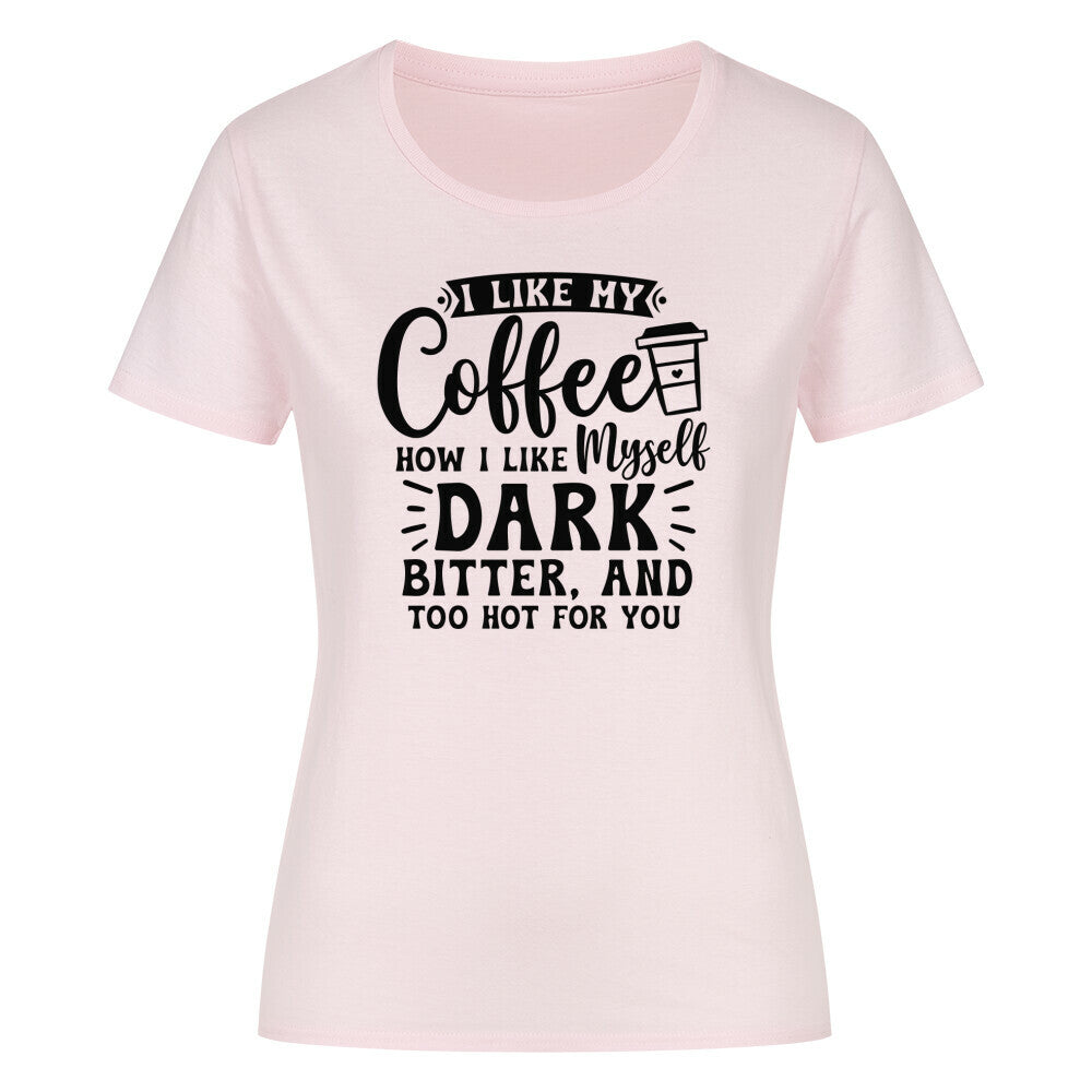 Pink classic organic women's t-shirt with coffee-themed text design.