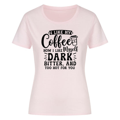 Pink classic organic women's t-shirt with coffee-themed text design.