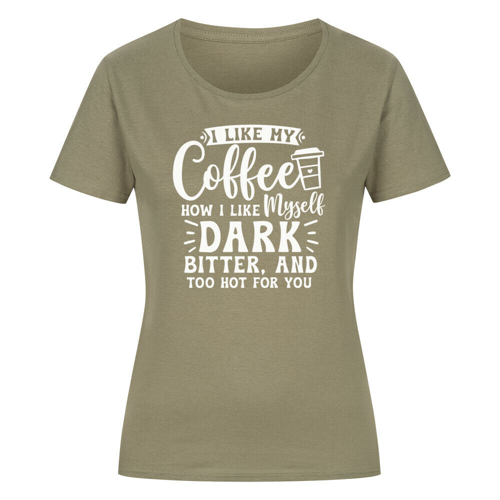 Classic organic women's shirt with coffee-themed text design.