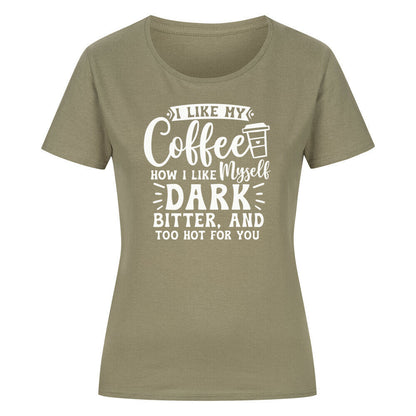 Classic organic women's shirt with coffee-themed text design.