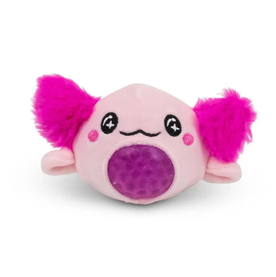 Wir präsentieren den Axolotl Pearl Squish Ball von www.buyon.at: ein kompaktes und entzückendes Plüschspielzeug mit einem runden rosa Körper und leuchtend rosa Flauschohren. Es hat ein süßes lächelndes Gesicht mit X-förmigen Augen und einem violetten strukturierten Kreis auf dem Bauch, was es perfekt zur sensorischen Stimulation und zum Stressabbau macht.