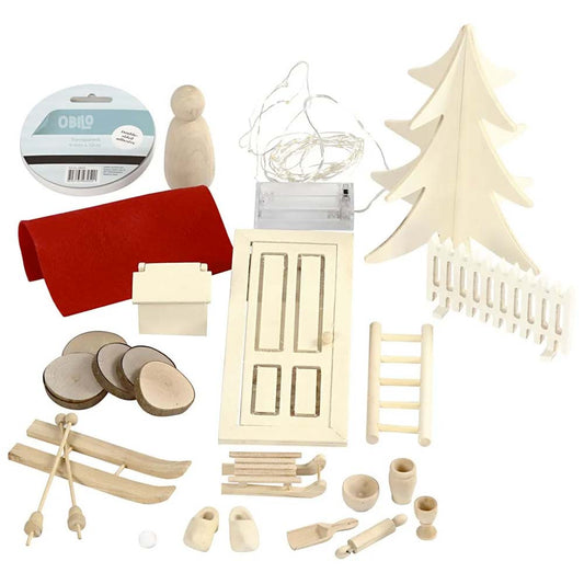 Das DIY Wichteltür-Set Deluxe XL von www.buyon.at ist eine entzückende Sammlung von Holzbastelstücken, die perfekt für die Vorweihnachtszeit geeignet sind. Dieses Set enthält einen Baum, eine Wichteltür, einen Zaun, Baumstämme, eine Figur, Skier, Schlitten, kleine Werkzeuge, rotes Filztuch und eine Lichterkette. Die Artikel sind wunderschön auf einem schlichten weißen Hintergrund präsentiert.