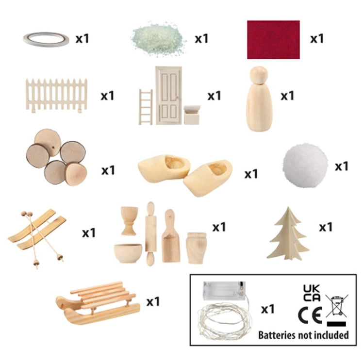 Wir präsentieren das DIY Wichteltür-Set Deluxe XL von www.buyon.at – ein entzückendes DIY-Set aus Miniatur-Holzgegenständen und Accessoires, perfekt für die Vorweihnachtszeit. Es enthält beschriftete Mengen an Zäunen, eine Wichteltür, Möbel, Küchengeschirr, einen Schlitten, Kleidung, einen Schneeball, Stoff und eine Lichterkette. Sicherheitszertifikate enthalten; Batterien nicht enthalten.