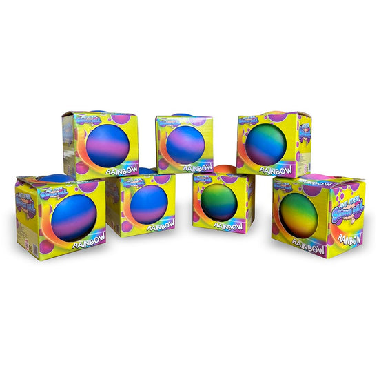 Das Bild zeigt acht Schachteln Fidget Rainbow Squeezeball in Box von www.buyon.at, versetzt angeordnet. Jede Schachtel, die zur Förderung motorischer Fähigkeiten und zum Stressabbau entwickelt wurde, weist einen leuchtend gelben Hintergrund auf, auf dem Bilder des Balls und das Wort „Rainbow“ deutlich hervorgehoben sind. Die verspielten Grafiken verstärken ihren farbenfrohen Charme.