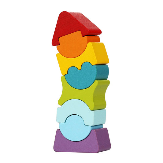 Wir präsentieren den Flexi Tower von www.buyon.at, einen lebendigen Spielturm aus Holz mit acht einzigartigen Teilen in verschiedenen Formen und Farben. Von unten nach oben: violettes Trapez, hellblauer Halbkreis, grüne Wellenform, ineinandergreifende blaue und grüne Formen, gelbes Zahnrad, orangefarbener Halbkreis und rotes Spitzdach.