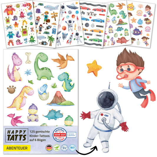 Die „HAPPY TATTS, Kinder-Tattoos ‚Abenteuer‘ (125 Stk.)“ von www.buyon.at umfassen eine Sammlung von sechs Bögen farbenfroher temporärer Tattoos mit verschiedenen Motiven wie Dinosauriern, Weltraumraketen, Robotern, Tieren und Insekten. Dermatest-geprüft für Kinder-Tattoos. Auf der Vorderseite sind ein Kind im Raumanzug, ein Junge mit Jetpack und ein Stern abgebildet. Die Marke „Happy Tatts“ ist prominent platziert.