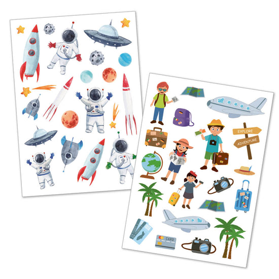 Wir präsentieren HAPPY TATTS, Kinder-Tattoos „Abenteuer“ (125 Stk.) von www.buyon.at! Dieses Set enthält zwei Bögen mit farbenfrohen Aufklebern: Der linke Bogen zeigt Weltraummotive wie Astronauten, Raketen, Planeten und UFOs; während der rechte Bogen Reiseaufkleber mit Reisenden, Koffern, Flugzeugen, Karten und Reiseschildern zeigt. Dermatest-geprüft für lange Haltbarkeit. Perfekt für Kindertattoos!