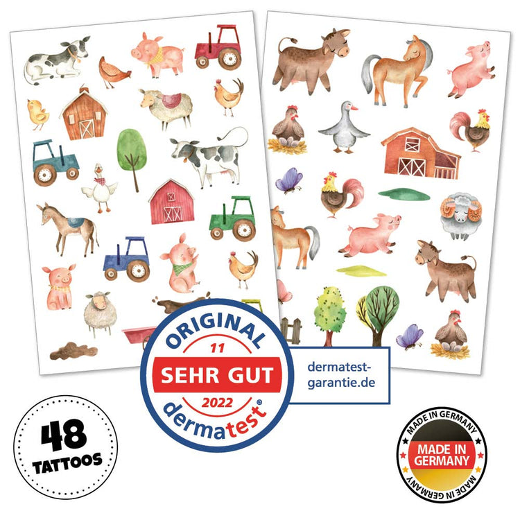 Zwei Bögen HAPPY TATTS Kinder-Tattoos 'Muh & Mäh' mit Bauernhoftieren und verwandten Motiven wie Traktoren, Scheunen, Schweinen, Kühen, Hühnern und Bäumen. Auf der Verpackung sind "48 Tattoos" mit dem zertifizierten Siegel "Original Dermatest Sehr Gut 2022" abgebildet. Hergestellt in Deutschland mit hautfreundlichen bunten Designs von www.buyon.at.