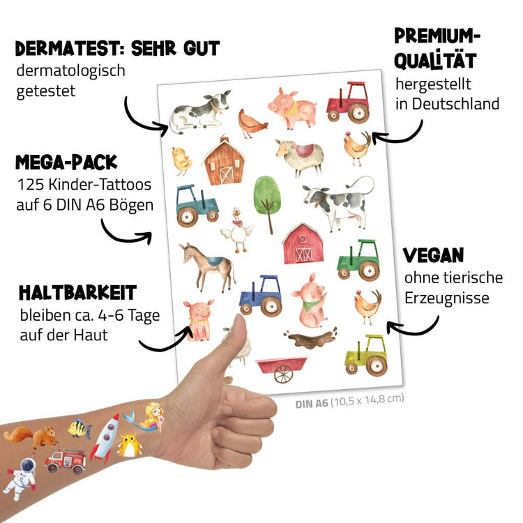 Gezeigt wird eine Kollektion illustrierter Tier- und Bauernhof-Tattoos „Muh & Mäh“ (48 Stk.) von www.buyon.at für Kinder. Auf den Etiketten sind Merkmale wie dermatologische Tests, Premium-Qualität, Made in Germany, Hautfreundlichkeit, Haltbarkeit von 4-6 Tagen und vegan hervorgehoben. Auf einem Kinderarm sind einige der farbenfrohen Motive zu sehen.