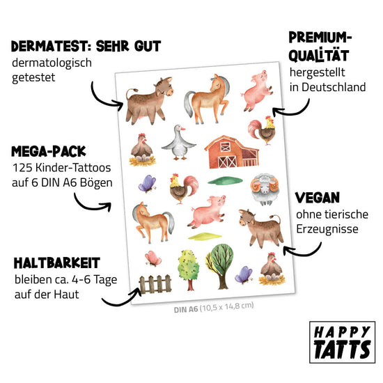 Ein Bild, das die HAPPY TATTS Kinder-Tattoos „Tiere“ (125 Stk.) von www.buyon.at zeigt, mit verschiedenen kinderfreundlichen Designs von Nutztieren und Szenen, darunter Pferde, Kühe, Schweine, Hühner und ein Stall. Der Text hebt die Merkmale hervor: dermatologisch getestet, Premiumqualität, vegan, langanhaltend (4-6 Tage) und enthält 125 haltbare Kinder-Tattoos.