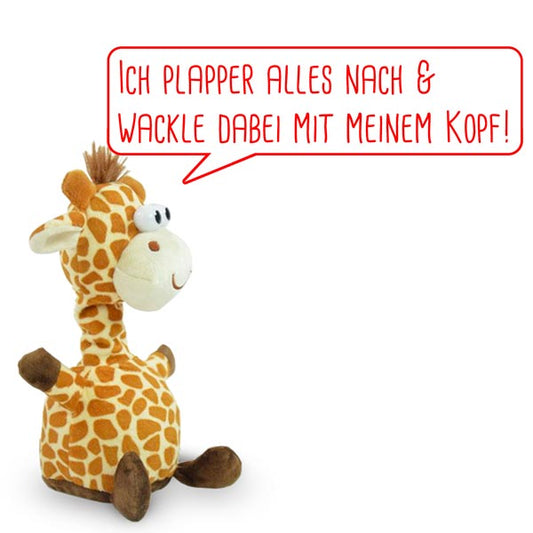 Ein Plüschspielzeug „Labertier Giraffe“ von www.buyon.at ist mit einer Sprechblase auf Deutsch abgebildet, die übersetzt bedeutet: „Ich wiederhole alles, was du sagst, und wackle dabei mit dem Kopf!“ Die Giraffe mit der witzigen Stimme sitzt aufrecht und hat einen freundlichen Gesichtsausdruck.