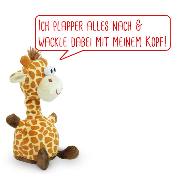 Ein Plüschspielzeug „Labertier Giraffe“ von www.buyon.at ist mit einer Sprechblase auf Deutsch abgebildet, die übersetzt bedeutet: „Ich wiederhole alles, was du sagst, und wackle dabei mit dem Kopf!“ Die Giraffe mit der witzigen Stimme sitzt aufrecht und hat einen freundlichen Gesichtsausdruck.